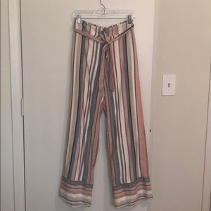 Striped linen wide leg tie waist pants